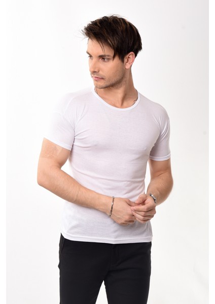 Erkek Slim Fit Basic Bisiklet Yaka Kısa Kollu T-Shirt Tişört Beyaz