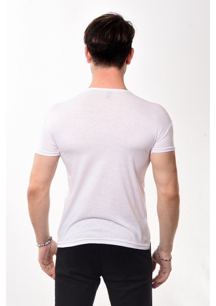 Erkek Slim Fit Basic Bisiklet Yaka Kısa Kollu T-Shirt Tişört Beyaz