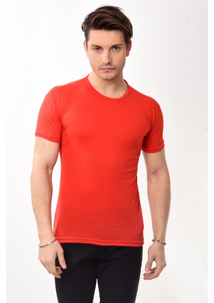 Erkek Slim Fit Basic Bisiklet Yaka Kısa Kollu T-Shirt Tişört Kırmızı