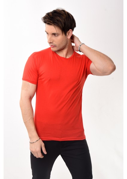 Erkek Slim Fit Basic Bisiklet Yaka Kısa Kollu T-Shirt Tişört Kırmızı