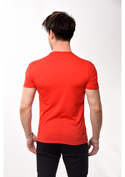 Erkek Slim Fit Basic Bisiklet Yaka Kısa Kollu T-Shirt Tişört Kırmızı