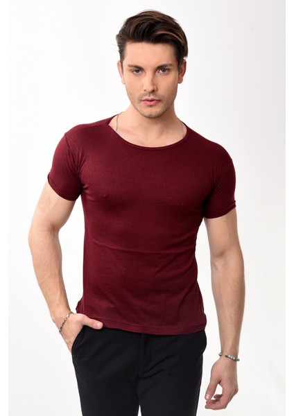 Erkek Slim Fit Basic Bisiklet Yaka Kısa Kollu T-Shirt Tişört Bordo