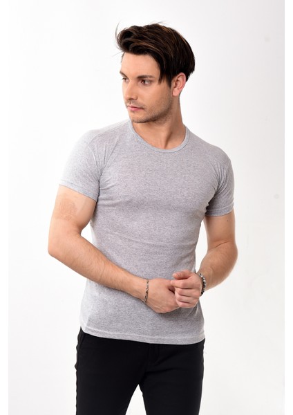 Erkek Slim Fit Basic Bisiklet Yaka Kısa Kollu T-Shirt Tişört Gri