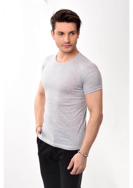 Erkek Slim Fit Basic Bisiklet Yaka Kısa Kollu T-Shirt Tişört Gri