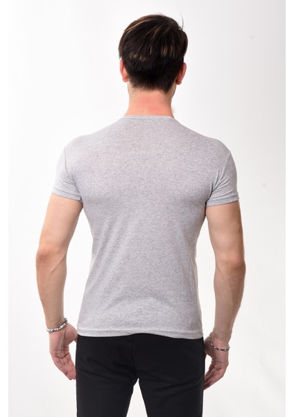 Erkek Slim Fit Basic Bisiklet Yaka Kısa Kollu T-Shirt Tişört Gri