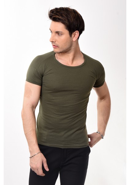 Erkek Slim Fit Basic Bisiklet Yaka Kısa Kollu T-Shirt Tişört Haki