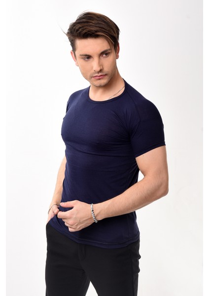 Erkek Slim Fit Basic Bisiklet Yaka Kısa Kollu T-Shirt Tişört Lacivert