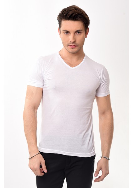 V Yaka Basic Slim Fit Erkek Tişört T-Shirt Beyaz