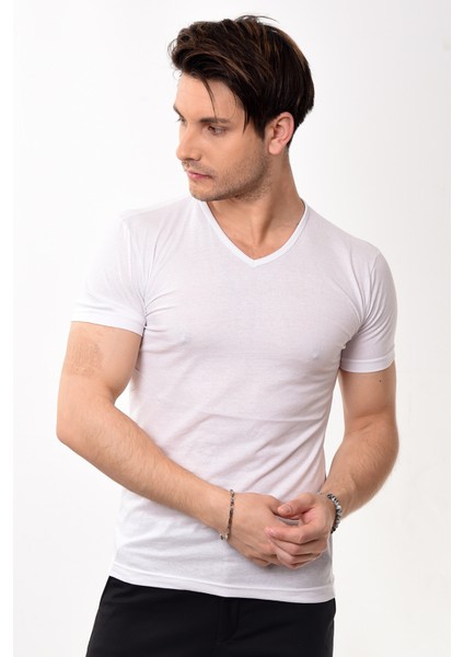 V Yaka Basic Slim Fit Erkek Tişört T-Shirt Beyaz