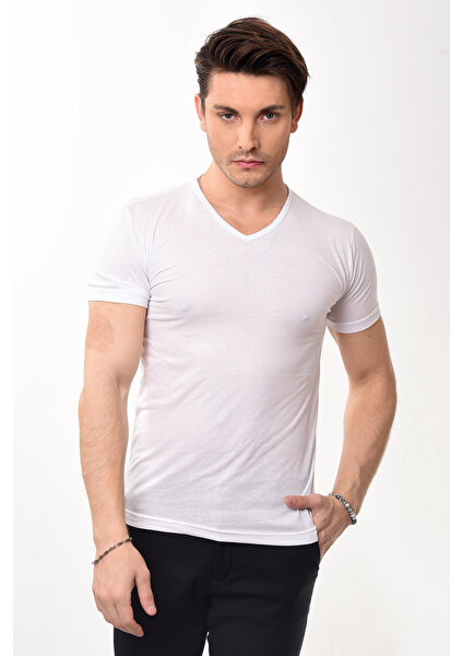 V Yaka Basic Slim Fit Erkek Tişört T-Shirt Beyaz