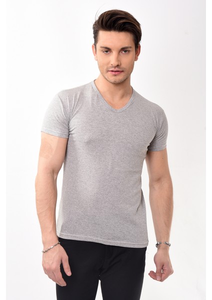 V Yaka Basic Slim Fit Erkek Tişört T-Shirt Gri