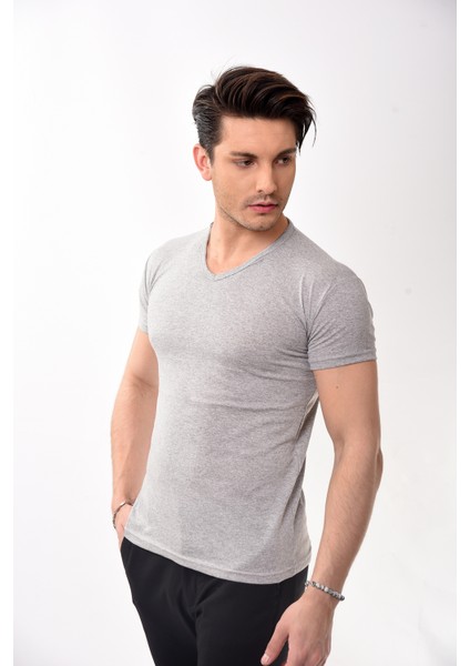 V Yaka Basic Slim Fit Erkek Tişört T-Shirt Gri