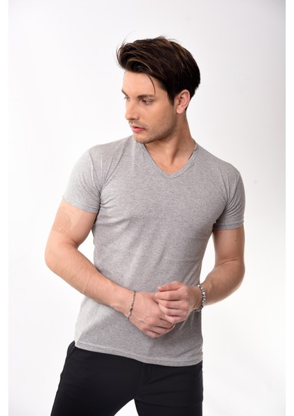 V Yaka Basic Slim Fit Erkek Tişört T-Shirt Gri