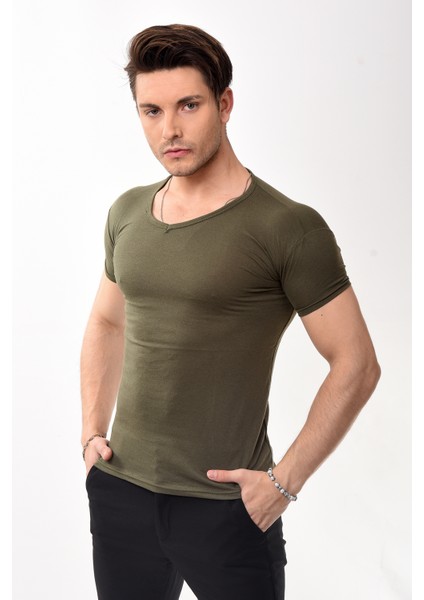 V Yaka Basic Slim Fit Erkek Tişört T-Shirt Haki