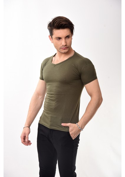 V Yaka Basic Slim Fit Erkek Tişört T-Shirt Haki