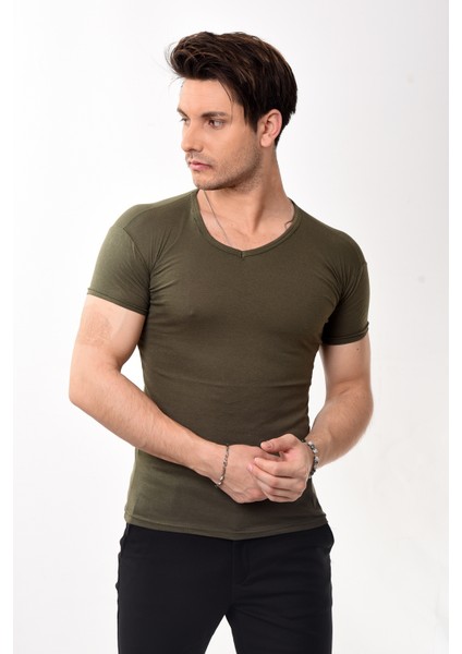 V Yaka Basic Slim Fit Erkek Tişört T-Shirt Haki