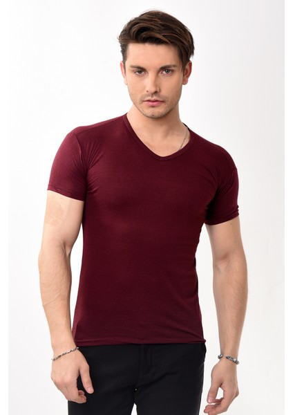 V Yaka Basic Slim Fit Erkek Tişört T-Shirt Bordo