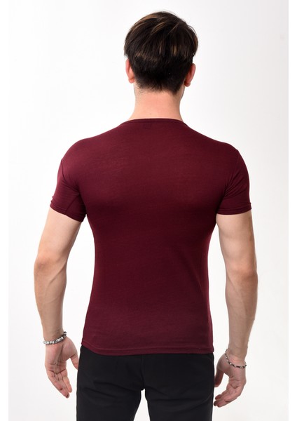 V Yaka Basic Slim Fit Erkek Tişört T-Shirt Bordo