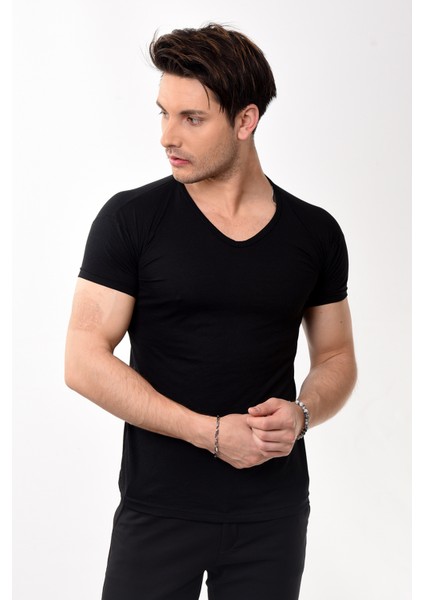 V Yaka Basic Slim Fit Erkek Tişört T-Shirt Siyah