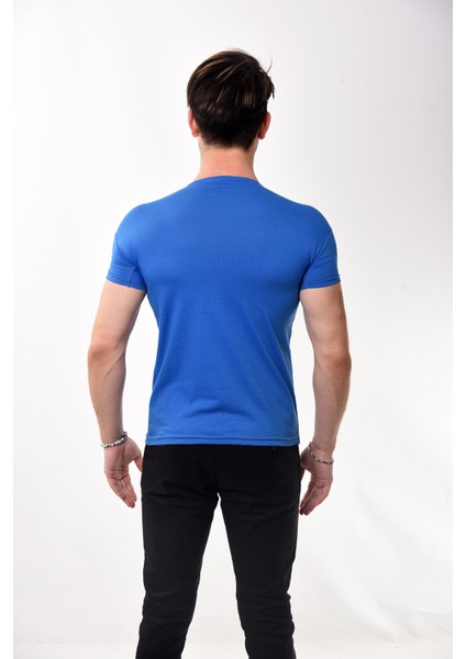 Belifanti Collection V Yaka Basic Slim Fit Erkek Tişört T-Shirt Saks Mavisi