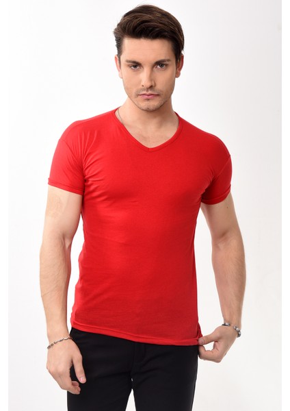 V Yaka Basic Slim Fit Erkek Tişört T-Shirt Kırmızı