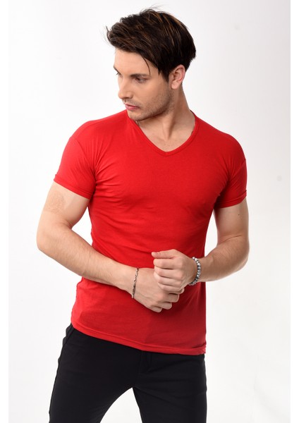 V Yaka Basic Slim Fit Erkek Tişört T-Shirt Kırmızı