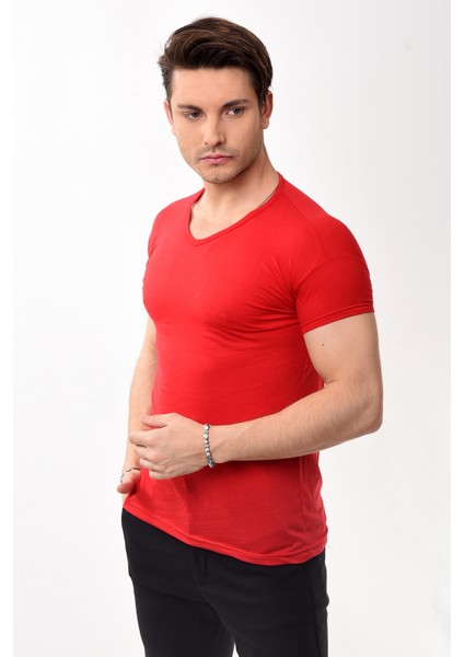 V Yaka Basic Slim Fit Erkek Tişört T-Shirt Kırmızı