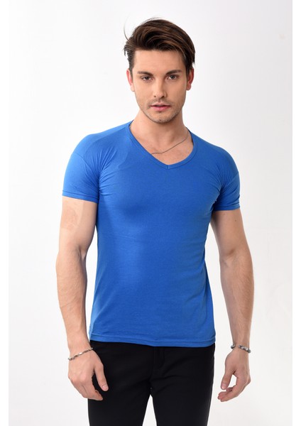 V Yaka Basic Slim Fit Erkek Tişört T-Shirt Saks Mavisi
