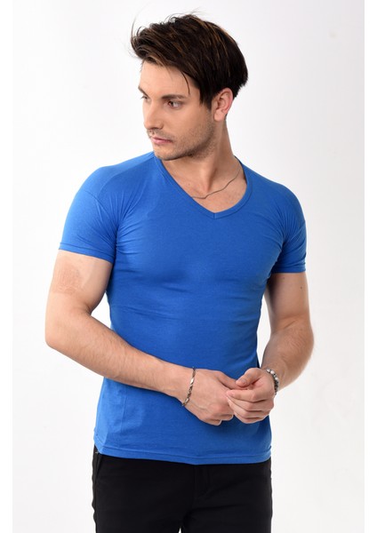 V Yaka Basic Slim Fit Erkek Tişört T-Shirt Saks Mavisi fiyatları