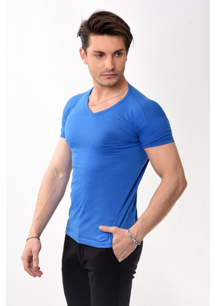 V Yaka Basic Slim Fit Erkek Tişört T-Shirt Saks Mavisi modelleri