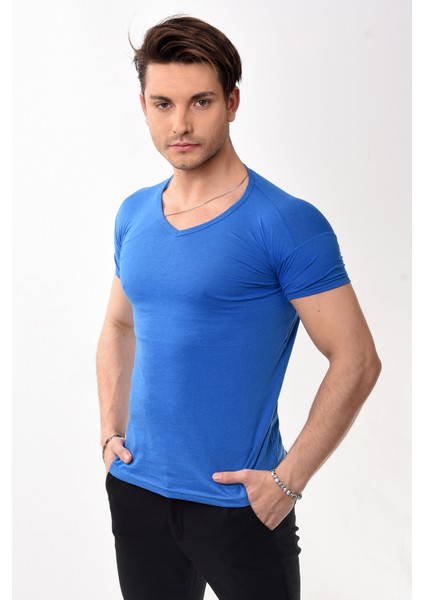 V Yaka Basic Slim Fit Erkek Tişört T-Shirt Saks Mavisi fırsatları