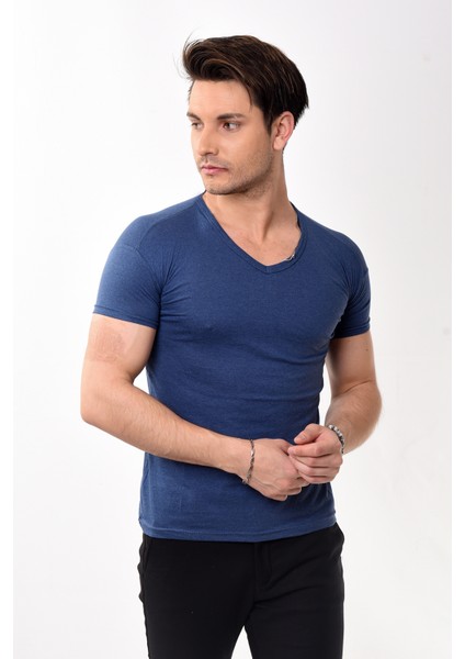 V Yaka Basic Slim Fit Erkek Tişört T-Shirt Lacivert