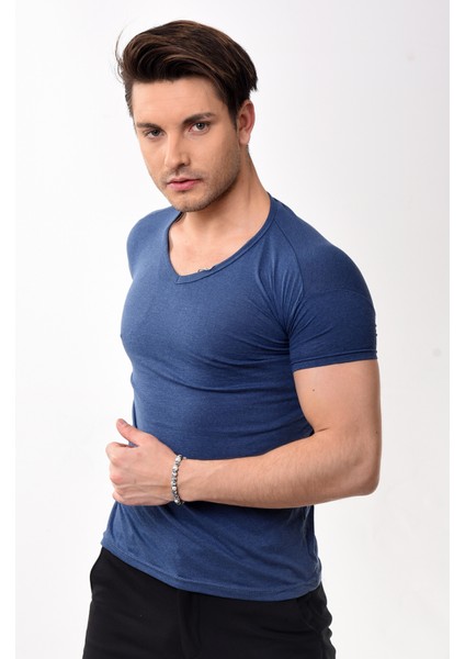 V Yaka Basic Slim Fit Erkek Tişört T-Shirt Lacivert