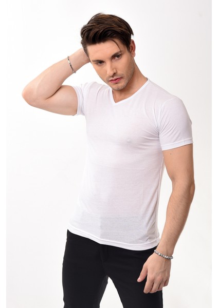 V Yaka Basic Slim Fit Erkek Tişört T-Shirt Beyaz fiyatları