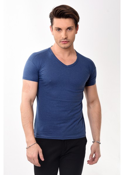 V Yaka Basic Slim Fit Erkek Tişört T-Shirt Lacivert
