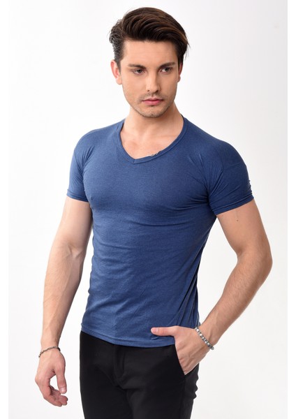 V Yaka Basic Slim Fit Erkek Tişört T-Shirt Lacivert modelleri