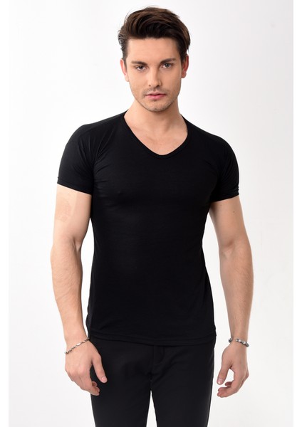 V Yaka Basic Slim Fit Erkek Tişört T-Shirt Siyah