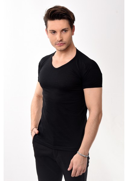 V Yaka Basic Slim Fit Erkek Tişört T-Shirt Siyah fiyatları