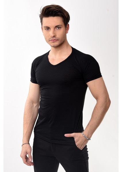 V Yaka Basic Slim Fit Erkek Tişört T-Shirt Siyah modelleri
