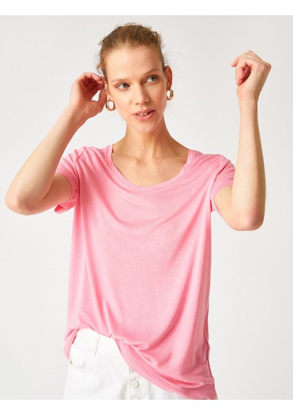 2YAK13046EK Yuvarlak Yaka Kısa Kollu Normal Kalıp Pembe Kadın T-Shirt