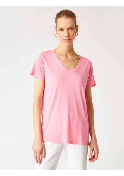2YAK13046EK Yuvarlak Yaka Kısa Kollu Normal Kalıp Pembe Kadın T-Shirt