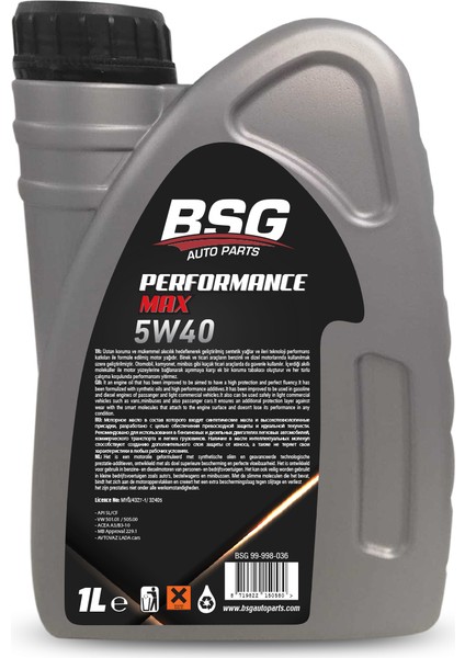 Performance Max Motor Yağı Motor Yağı 5W40 - 1 Litre ( Üretim YILI:2022 )