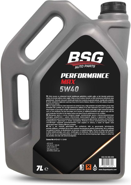 Bsg Performance Max Motor Yağı 5W40 - 7 Litre ( Üretim YILI:2022 )