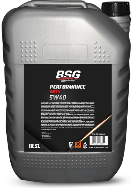 Bsg Performance Max Motor Yağı 5W40 - 10,5 Litre ( Üretim YILI:2022 )