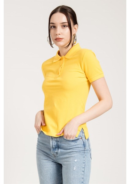 Sarı Klasik Düğmeli Kadın Polo Yaka T-Shirt