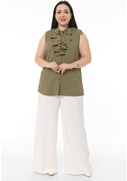 Büyük Beden Yakası Iki Kat Volanlı Düğmeli Kolsuz Haki Gömlek fiyatları