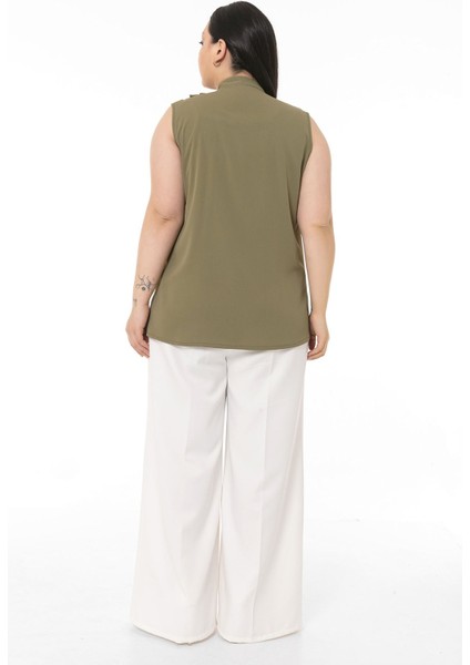 Büyük Beden Yakası Iki Kat Volanlı Düğmeli Kolsuz Haki Gömlek modelleri