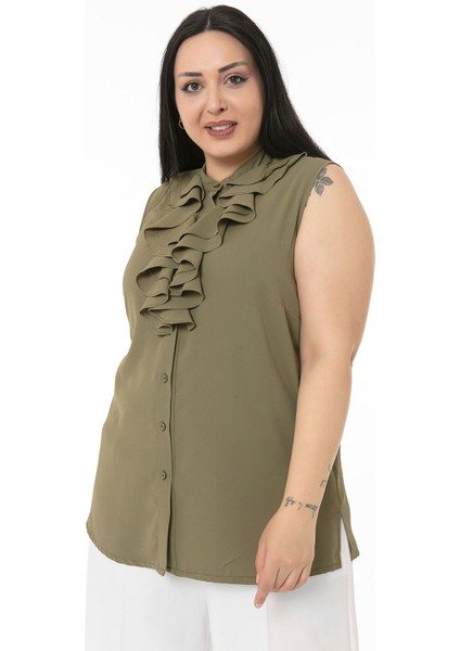 Büyük Beden Yakası Iki Kat Volanlı Düğmeli Kolsuz Haki Gömlek fırsatları