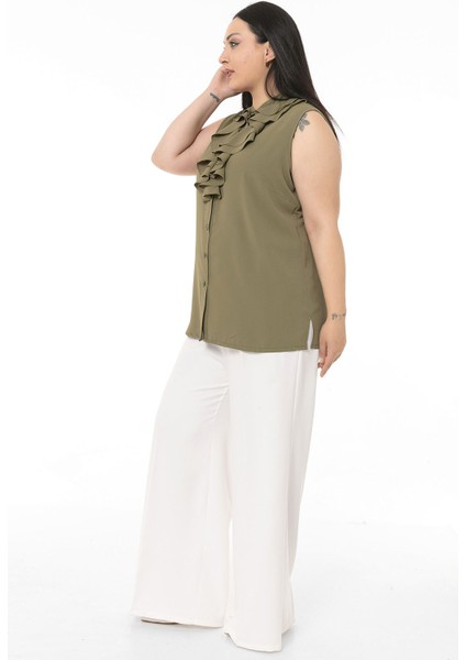 Büyük Beden Yakası Iki Kat Volanlı Düğmeli Kolsuz Haki Gömlek indirimleri