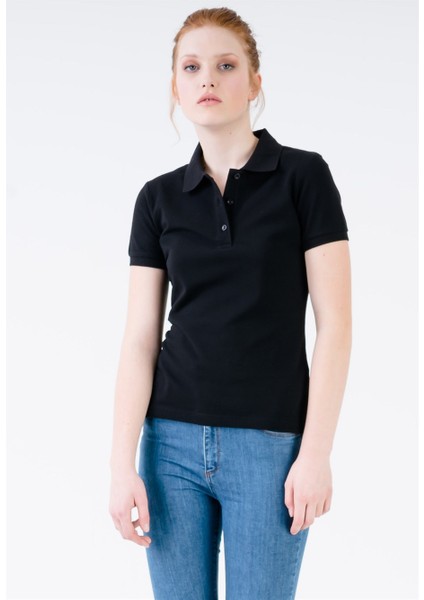 Siyah Klasik Düğmeli Kadın Polo Yaka T-Shirt